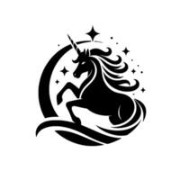 Elegant Black Unicorn Silhouette Leaping Inside a Crescent Moon with Sparkles, A Magical Fantasy Emblem. vector