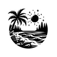 Serene Beachfront Scene Silhouette of Palm Tree, Sun, Ocean, Trees, and Chair, Forming a Circular Monochrome vector