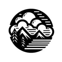 Black and white minimalist nature scene within a circle, featuring mountains, trees, clouds, and horizontal lines suggesting water or sky. vector