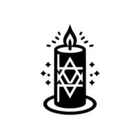 A minimalist black and white illustration depicting a lit candle with the Star of David, surrounded by sparkling effects, on a white background. vector