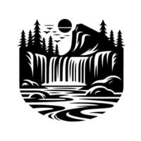 Stylized monochrome illustration of a majestic waterfall cascading from a mountain, surrounded by pine trees, with a river below, and a sun in the sky. vector