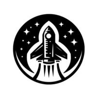 Black White Illustration of a Rocket Ship Launching into Space, Surrounded by Stars within a Circular Emblem. vector