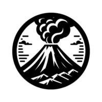 A stylized, circular black and white illustration depicting an erupting volcano with smoke and mountains, clouds, and surrounding elements. vector