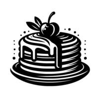 Black and white illustration of a stack of pancakes with dripping syrup, a cherry, and leaf, on a plate. vector