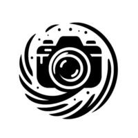 Black and White Illustration of a Modern DSLR Camera Encased in a Decorative Circular Frame with Abstract Swirls and Dots. vector