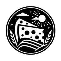 A circular, minimalist, black and white depicting a wedge of swiss cheese in a landscape with sun, wheat, clouds and lines. vector