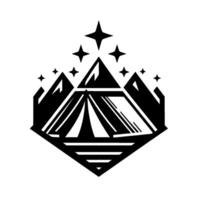 Black and white geometric featuring a mountain range with a tent at its center, framed in a diamond shape, and stars above. vector