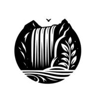 Monochromatic Landscape A Stylized Waterfall Cascading From Mountains Enclosed in a Circle with Plant Life and a Soaring Bird. vector