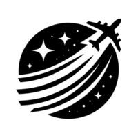 Black and White Illustration of a Jet Airplane Soaring Through a Starry Night, Represented within a Globelike Shape with Curved Flight Paths. vector