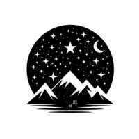 Silhouetted mountain range beneath a starry night sky, crescent moon above, and a quaint house nestled at the base, all within a circular frame. vector