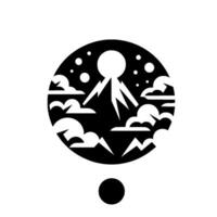 Black and White Minimalist Mountain, Clouds, and Starry Sky Composition Within a Circle, Geometric . vector