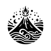 Black and white minimalist emblem of a volcanic mountain with a flaming symbol, surrounded by sea waves, stars, moon, and dots, within a circular frame. vector