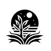 Stylized monochrome illustration a tree silhouette with leaves in a field beneath a celestial body, stars in a circle. vector
