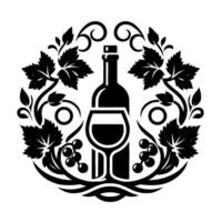 A stylized black and white featuring a wine bottle and glass at the center, surrounded by grapevines and grapes in a circular . vector