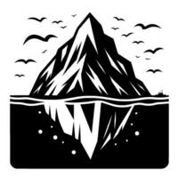 Monochrome illustration of a stylized iceberg with geometric shapes and reflection in water, surrounded by birds, and a ship, showcasing an artistic take. vector