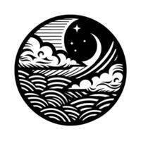 Black and white circular minimalist art with ocean waves, clouds, and a crescent moon, set against a starry night sky, in a stylized illustration. vector