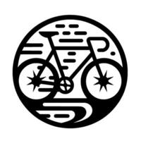 A stylized, circular black and white illustration of a racing bicycle, with a minimalist and elements suggesting speed and motion. vector