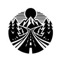 A stylized black and white illustration depicting a mountain range, road, sun and forest trees within a circular frame, conveying a sense of nature and adventure. vector
