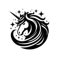 Graceful Black and White Unicorn Head with flowing mane, encircled and adorned with sparkling stars on a clean, bright background. vector
