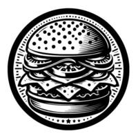 Detailed monochrome illustration of a stacked burger with multiple fillings, within a circular frame, emphasizing texture. vector