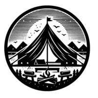 Black and White Camping Scene in a Circular Frame, Featuring a Tent, Campfire, and Nature Elements. vector
