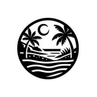 Black and White Circular Silhouette Tropical Beach Scene with Palm Trees, Moon, Sea, and Waves vector