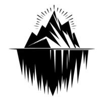 Monochromatic Mountain Range Silhouette with Sunburst and Reflective Iceberg Effect on White Background. vector