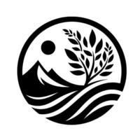 A minimalist, monochromatic featuring mountains, a tree, sun, and water, arranged within a circular frame, evoking natures tranquility. vector