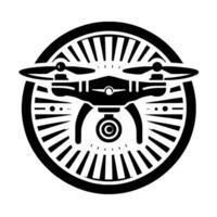 Stylized Black Drone within a Concentric Pattern Circle on White, Emphasizing Modern Technology and Geometric Aesthetics. vector