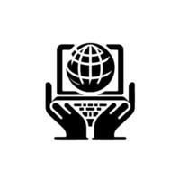 Black and White Hands cradling a laptop displaying a globe, representing global connectivity and digital access. vector