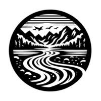 A stylized circular landscape silhouette featuring mountains, river, trees, birds, and clouds in a monochromatic, . vector