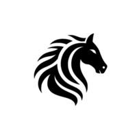 Silhouette of a stylized horse head, featuring flowing mane in black on a white background, emphasizing a minimalist and elegant . vector