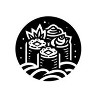 Stylized black and white illustration of sushi rolls within a circular frame, evoking a minimalist aesthetic. vector