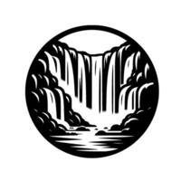 Monochromatic Waterfall Illustration A stylized, black and white representation of cascading water, cliffs, and a serene pool within a circular frame. vector
