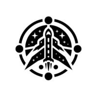 Stylized black and white emblem depicting a spaceship with wings, surrounded by a circular frame, stars, and satellites. vector
