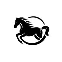 Silhouette of a black rearing horse enclosed in a stylized circular frame, minimalist equestrian against white background. vector