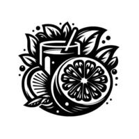 Bold black and white illustration featuring a refreshing glass of citrus juice, surrounded by halfcut oranges, leaves, and bubbles. vector
