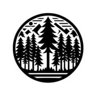 A minimalist, black and white circular emblem featuring a forest, mountains, sun, and layered trees. vector