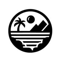 Black and white minimalist circular emblem depicting a tropical island scene with a palm tree, sun, pyramid, and ocean waves. vector