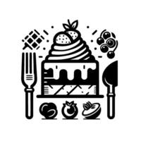 illustration of a celebratory cake with fruit topping, accompanied by cutlery and additional food elements in a minimalist, monochromatic style. vector
