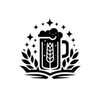 Stylized Black White Beer Mug with Wheat, Bubbles, Stars, and Laurel Wreath on an Open Book, Symbolic of Brewing. vector