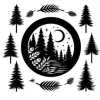 Stylized Black and White Illustration of a Forest Scene within a Circle, Surrounded by Pine Trees and Ferns. vector