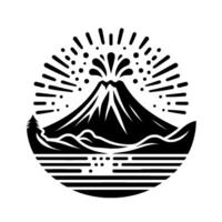 Stylized Volcano Erupting Over Water with Surrounding Burst Tree in a Circular Black and White Composition. vector