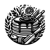Stylized Black and White Illustration of a Stack of Pancakes with Syrup, Lemon, and Baking Utensils, Surrounded by Foliage vector