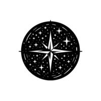 Black and White Celestial Compass Rose with Starry Background, Indicating Direction, Navigation, and Exploration on a White Canvas. vector