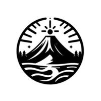 Black and White Circular Mountain and Lake , Featuring a Sun, Trees, and Stars vector