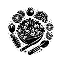 A monochrome salad art, featuring a bowl of greens surrounded by fruits, dressing, and utensils, in a circular composition. vector