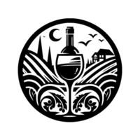 Black and White Circular Illustration of a Wine Glass and Bottle with a Vineyard Landscape, House, Moon, and Birds vector
