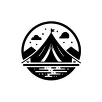 Monochromatic camping within a circle, featuring a tent, mountains, clouds, flag, and a lakelike structure at the bottom. vector