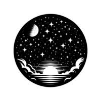A stylized nightscape within a circle, featuring a luminous moon, twinkling stars, cloudframed water, and a rising sun. vector